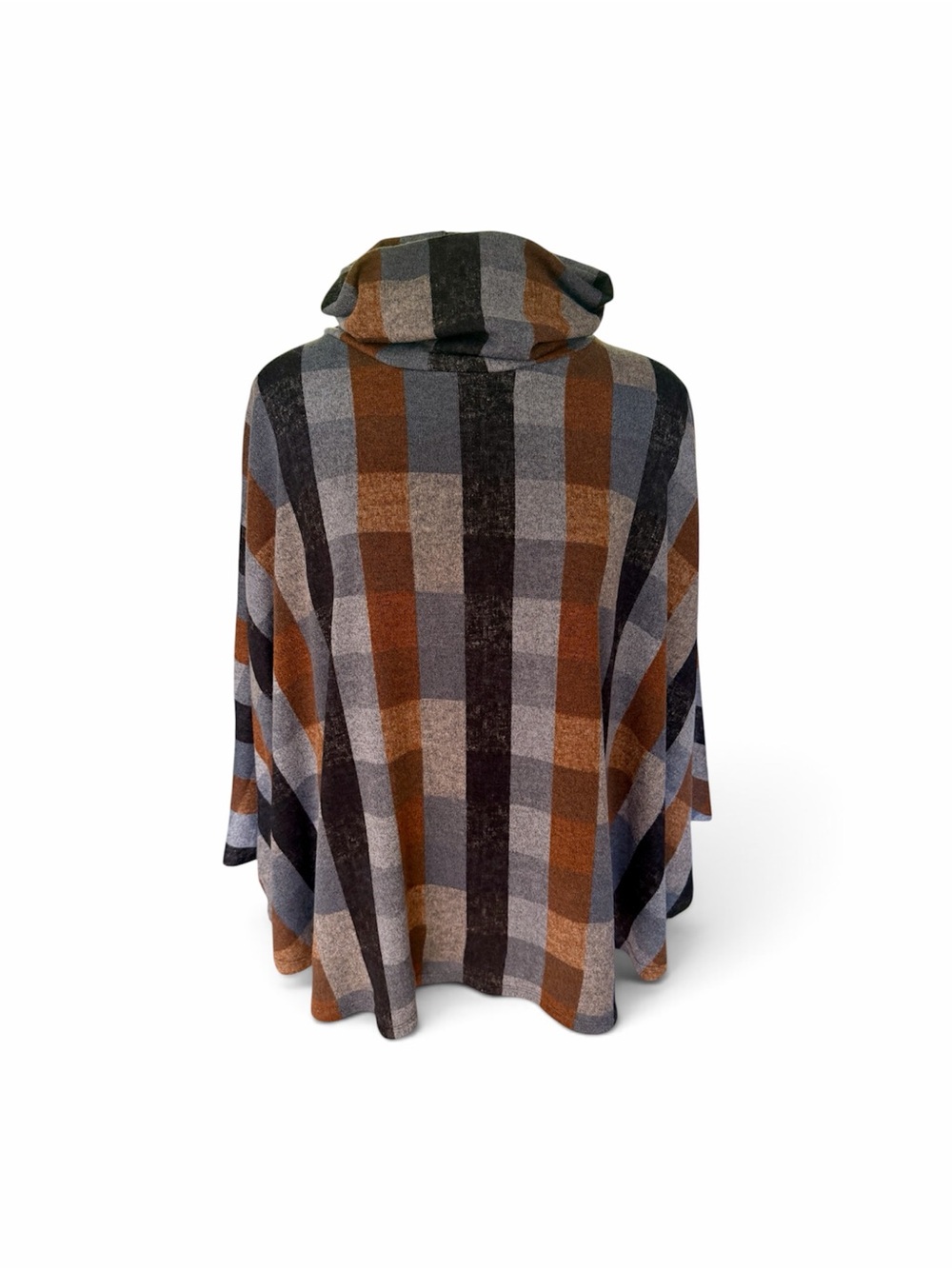 Plaid Funnel Neck Poncho Jacket - Brown, Blue & Gray